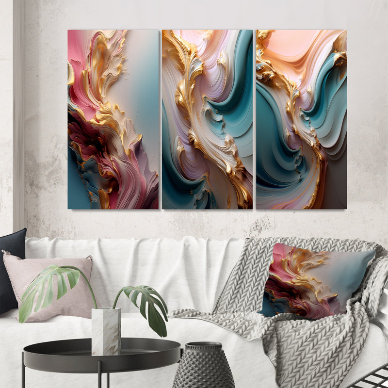 Exquise Wave Symphony liquide or rose bleu - formes abstraites, ensemble d'art de 3 pièces, Toile tendue, H 40 po x l 60 po