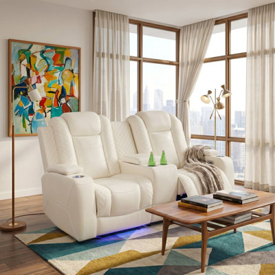 Maple  White Vegan Leather  Reclining  Loveseat With Cup-Holders And LED Lights