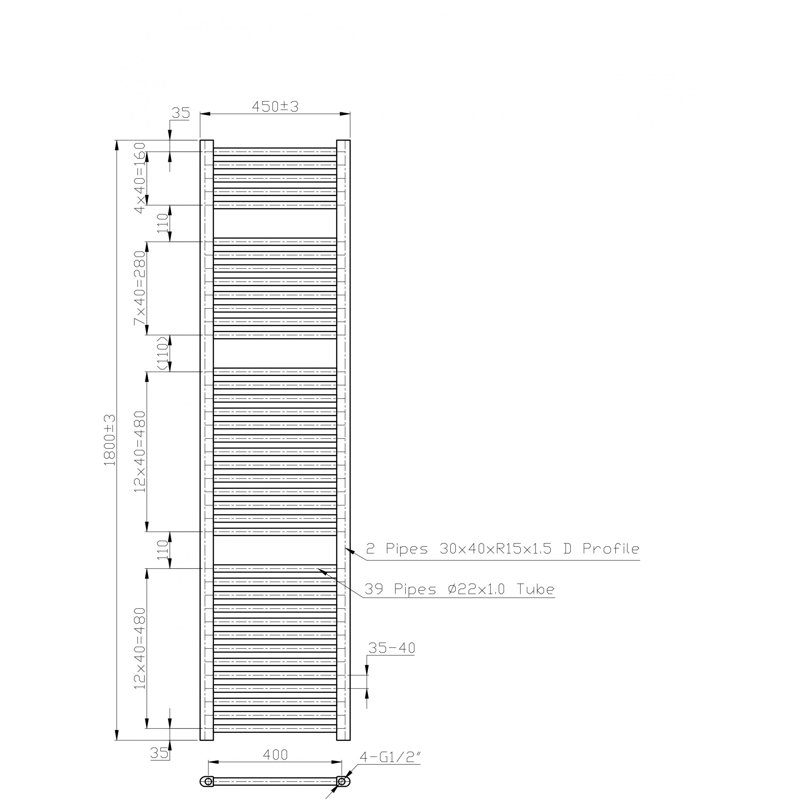 Pifer Straight Towel Rail Heated Towel Rails, Chrome, 180cm H x 45cm W x 3cm D