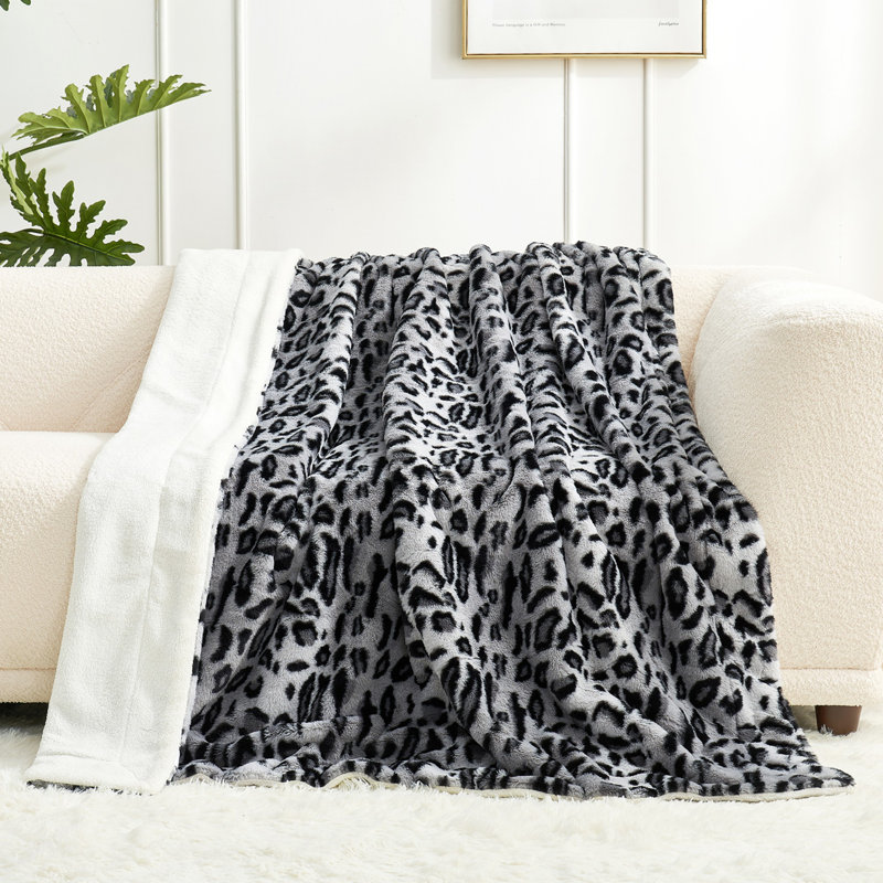 Animal Print Faux Fur & Sherpa Reversible Throw Blanket, Jeté, Silvery Leopard