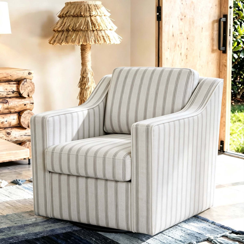 Upholstered Swivel Armchair, Pinstripe Grey Cotton Blend