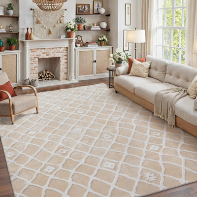 Area Rug Washable Living Room Moroccan Shag Carpet Non Slip Soft Neutral Boho Plush Pile Large Throw Rug,(Ivory Grey/8X10)