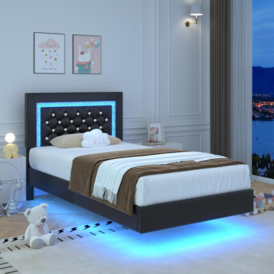 Alber Floating Bed Frame with LED Lights, Upholstered Platform Bed with Diamond Tufted Headboard, No Box Spring Needed, Noise Free, Easy Assembly