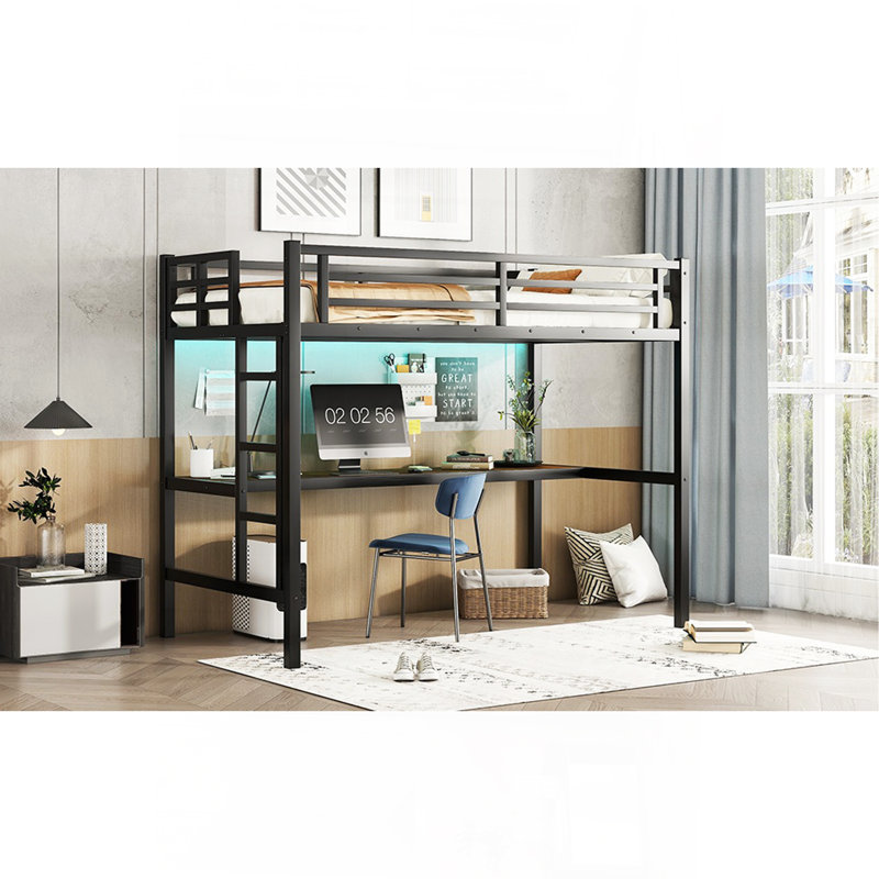 Metal Twin XL Size Loft Bed  With Power Outlet And LED Lighted, Space-Saving, Noise Reduced, Black
