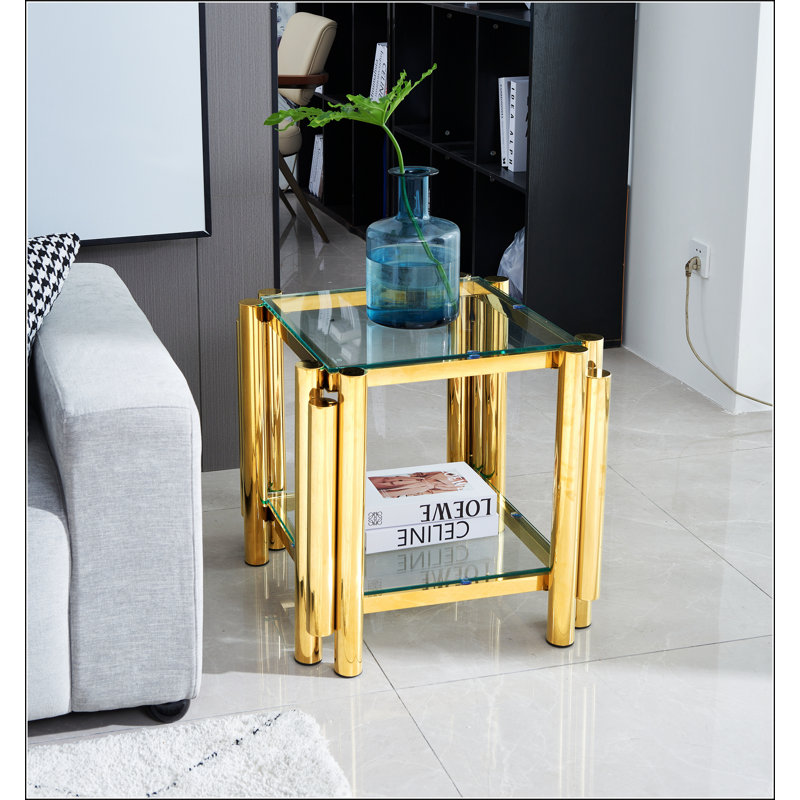 20 Inch Square End Table, Modern Stainless Steel End Table, Double-Layer Clear Tempered Glass Coffee Table, Side Table with Storage, for Living Room Home Office