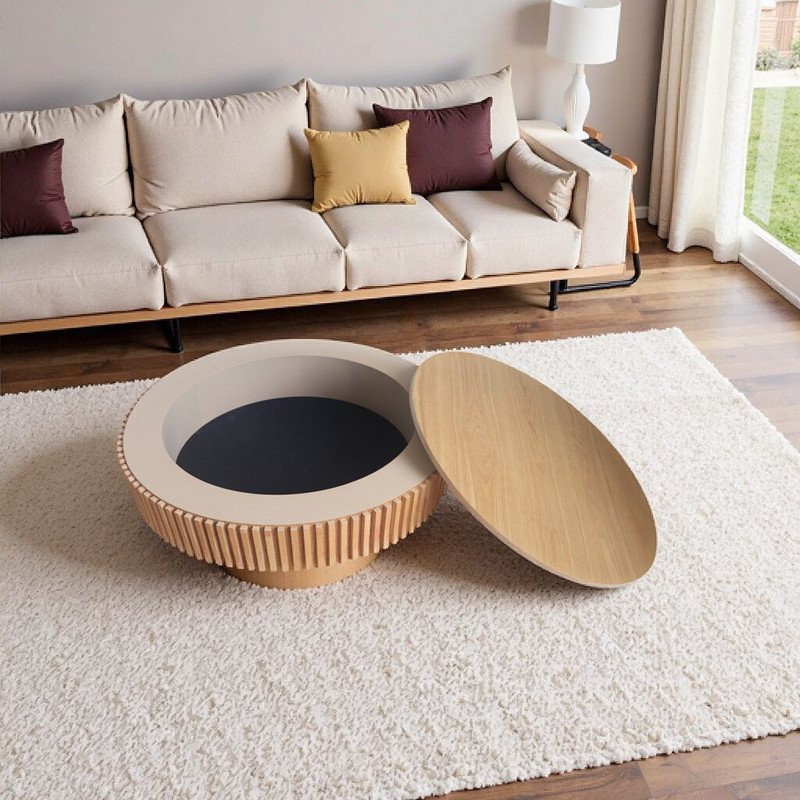 Table basse 39,37 "ronde avec rangement - Table d'appoint moderne en placage de bois massif, Bois naturel