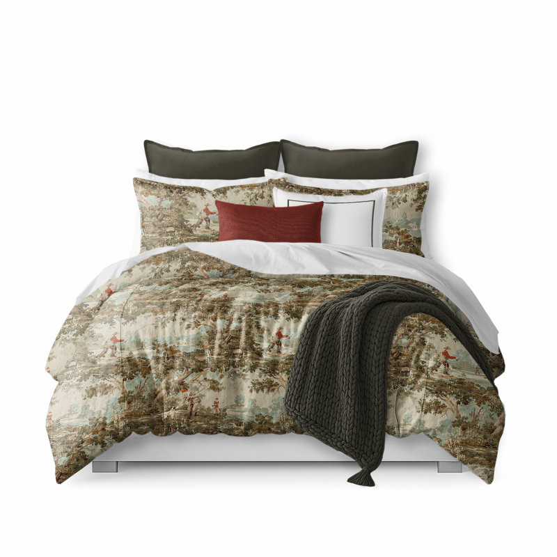 Greenwood Ivory/Red Linen Duvet Cover Set, California King Duvet + 2 King Shams
