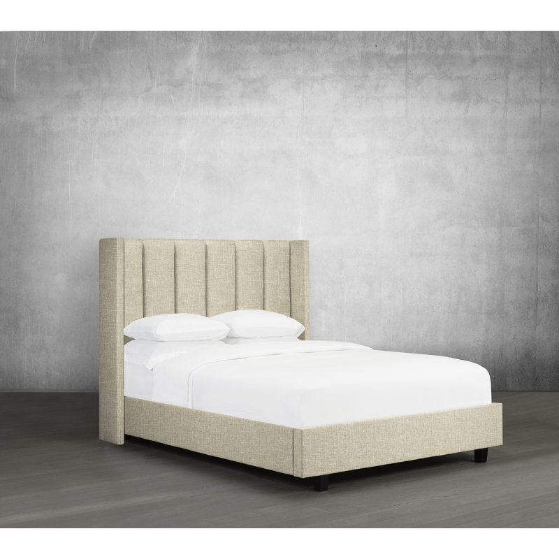 Lit plateforme tapissier capitonné avec rangement à profil bas, Beige, Grand