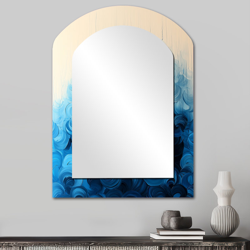 «Rhythmic Driauge Drip Paint Eruption III - Drip Paint», miroir mural décoratif asymétrique, grand miroir arqué bleu