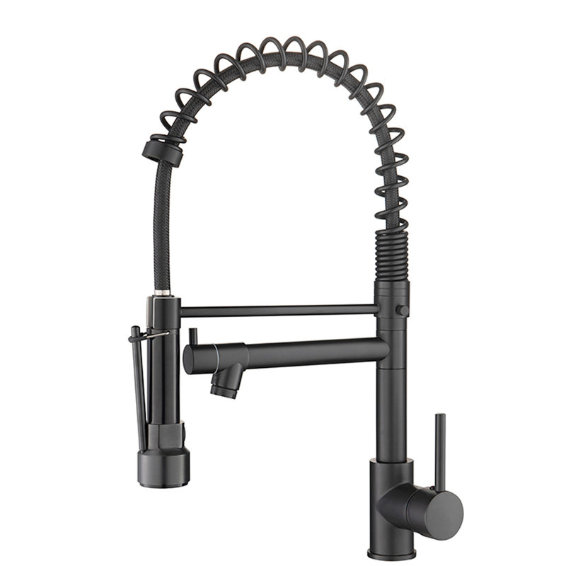 Robinet de cuisine noir commercial avec tirette vers le bas, levier simple, fuites, finition facile d'entretien, sortie d'eau polyvalente, conception de poignée de robinet manuelle à installation simple, corps en laiton, empreinte digitale,