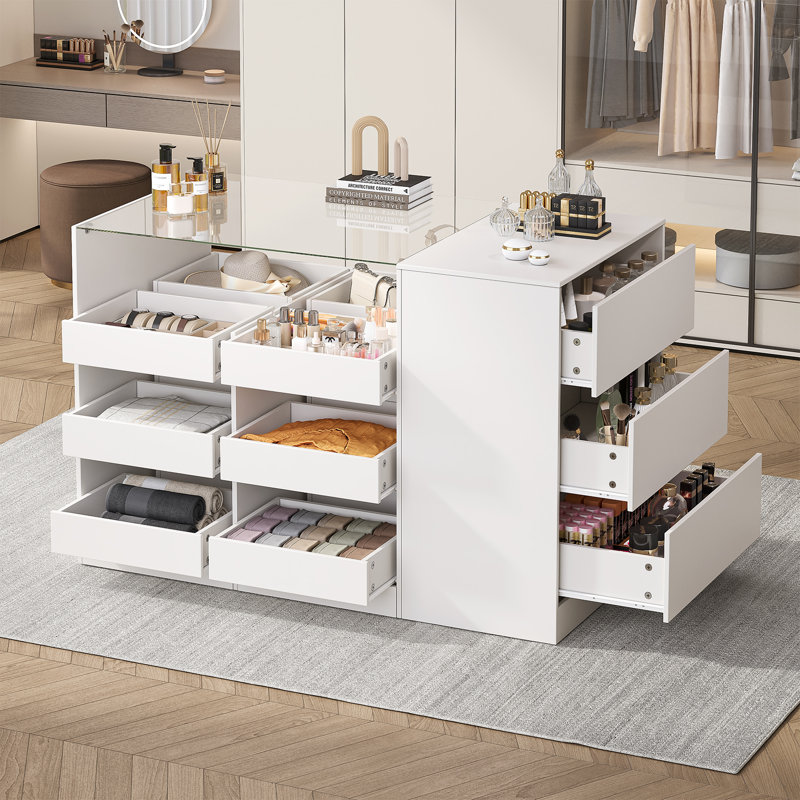 Closet Island With 15 Drawers, Armoire Wardrobe Bedroom Closet with Glass Top, White