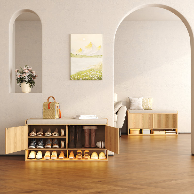 Banc à chaussures 39,4 po avec rangement et lumière DEL, Bois naturel
