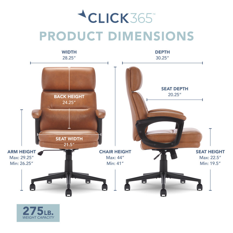 Click365 Classic Executive Office Chair, Ergonomic Mid-Back, Double-Layer Seat Cushion, Cognac