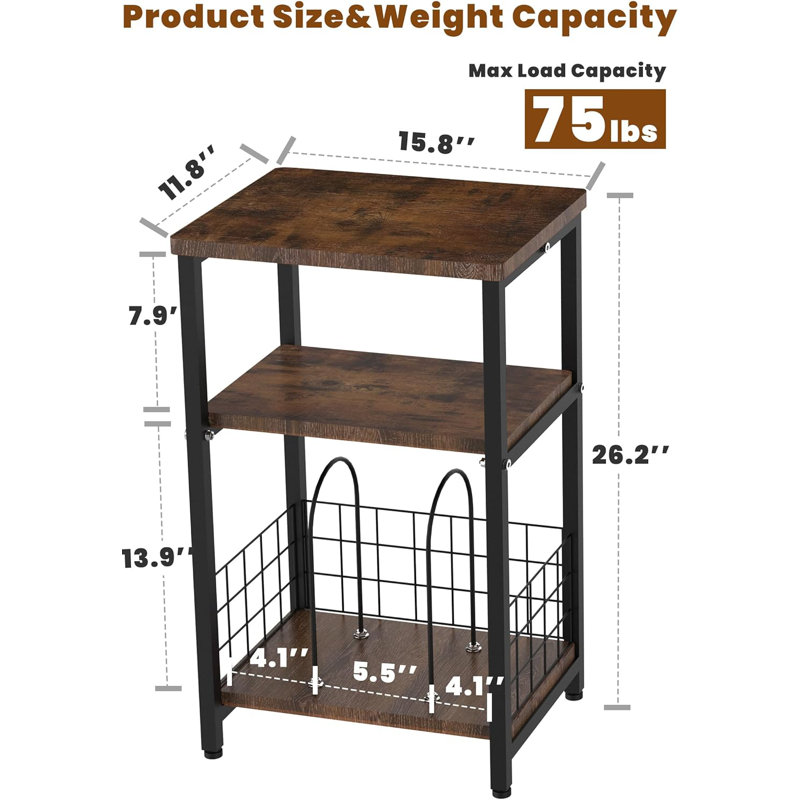 3-Tier Record Player Stand With Vinyl Storage Basket, Turntable Table For Up To 100 Albums, Multi-Functional End Side Table For Living Room, Bedroom, Office