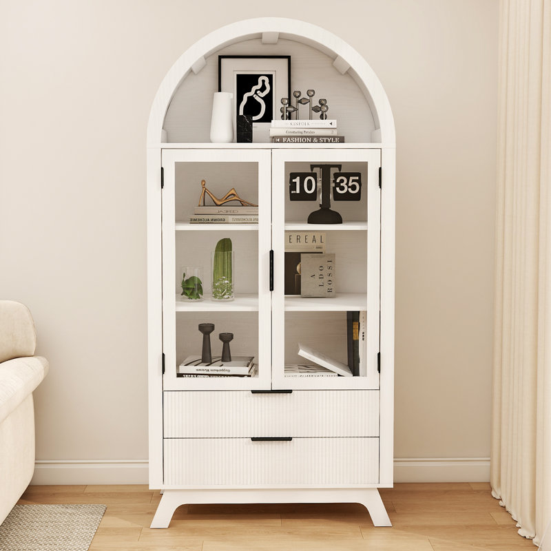 Armoire de rangement arquée de 73 po de hauteur avec portes en verre et tiroirs à persiennes, vitrine brune rétro avec poignées en métal pour le salon ou le bureau