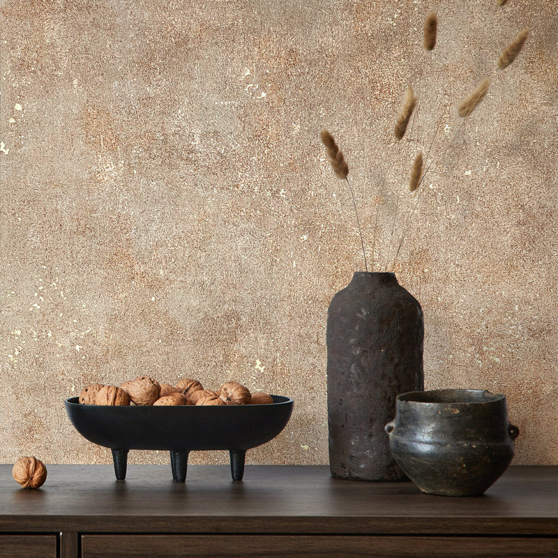 Textures Collection Industrial Distressed Plain Metallic Elements Finish Wallpaper Roll, Gold