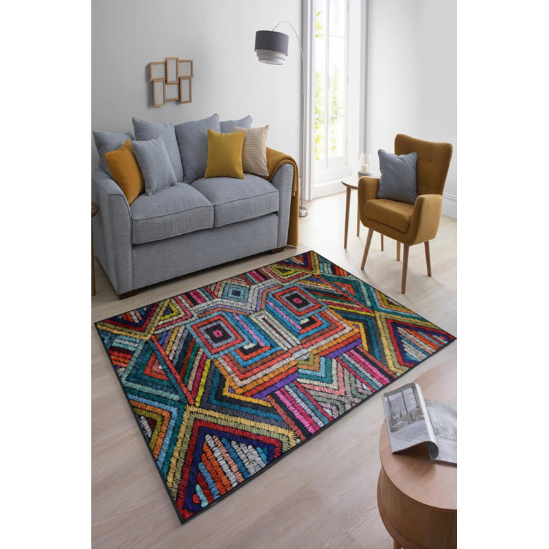 Louix Pink Patchwork Digital Print Cotton Polyester Non-Slip Area Rug, Rectangle 2 pi 7 po x 3 pi 3 po