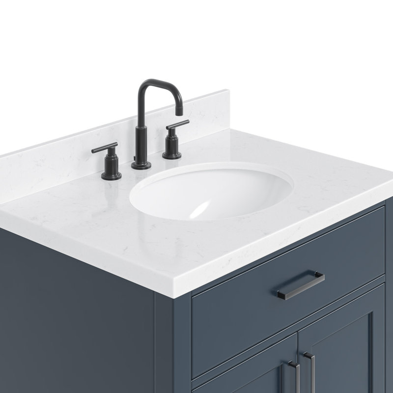 Tidworth 30'' Solid Wood Single Bathroom Vanity with 1.5'' Carrara Quartz Top, Midnight Blue / Satin Brass, Oval