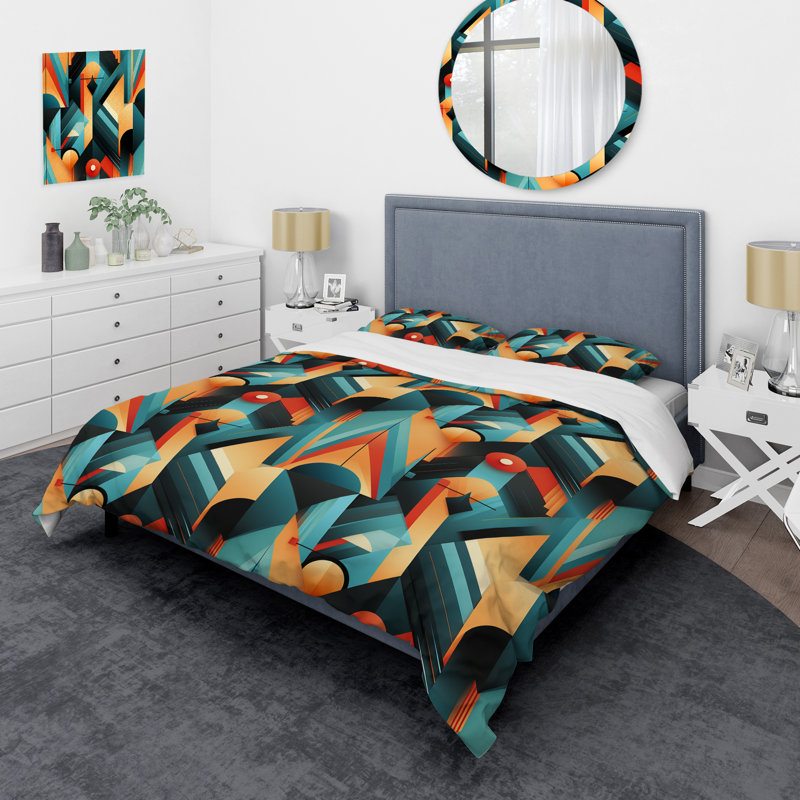 Ensemble de housse de couette géométrique beige / bleu en microfibre Teal Beige
