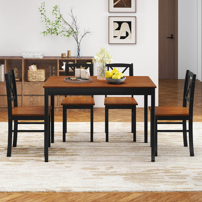 5 Piece Dining Table Set for 4 People with Rubber Wood Legs, Cross Backrest