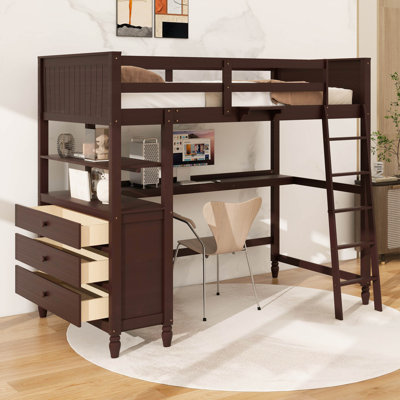 Lit mezzanine en bois avec tiroirs, bureau et tablettes Kaarel