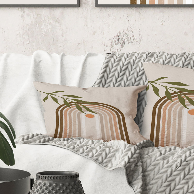 Rectangle, abstrait soleil et lune avec feuille verte I - coussin décoratif imprimé moderne