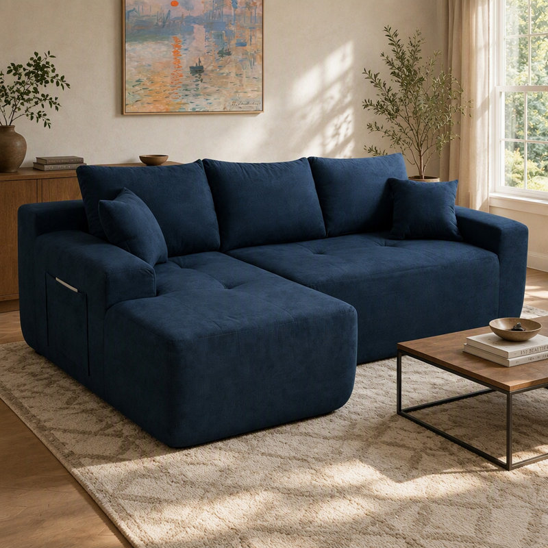 Canapé d'angle modulaire moderne Cloud de 85 pouces avec méridienne en L et assise profonde, revêtement en coton et lin pour salon et chambre, aucun assemblage requis