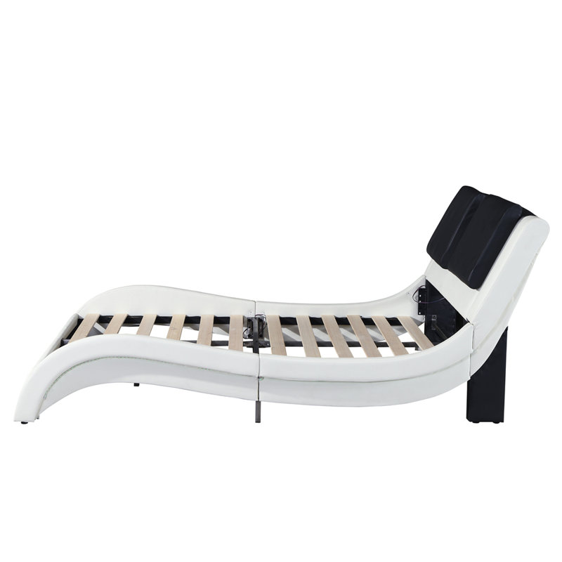 Structure de lit tapissier en similicuir avec éclairage à DEL, connexion Bluetooth pour contrôler la musique, massage par vibration du dossier, conception en courbe, support à lattes de bois, aucun sommier nécessaire