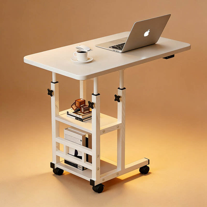 Table d'appoint industrielle mobile à hauteur réglable, table d'appoint roulante en C avec tablettes de rangement, table de bout pour le bureau de la chambre à coucher, aspect bois rustique, blanc