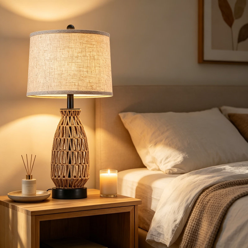 Ensemble de 2 lampes de table Boho en rotin tissé à la main de 27 pouces avec abat-jour en tissu, lampes campagnardes en osier avec interrupteur rotatif