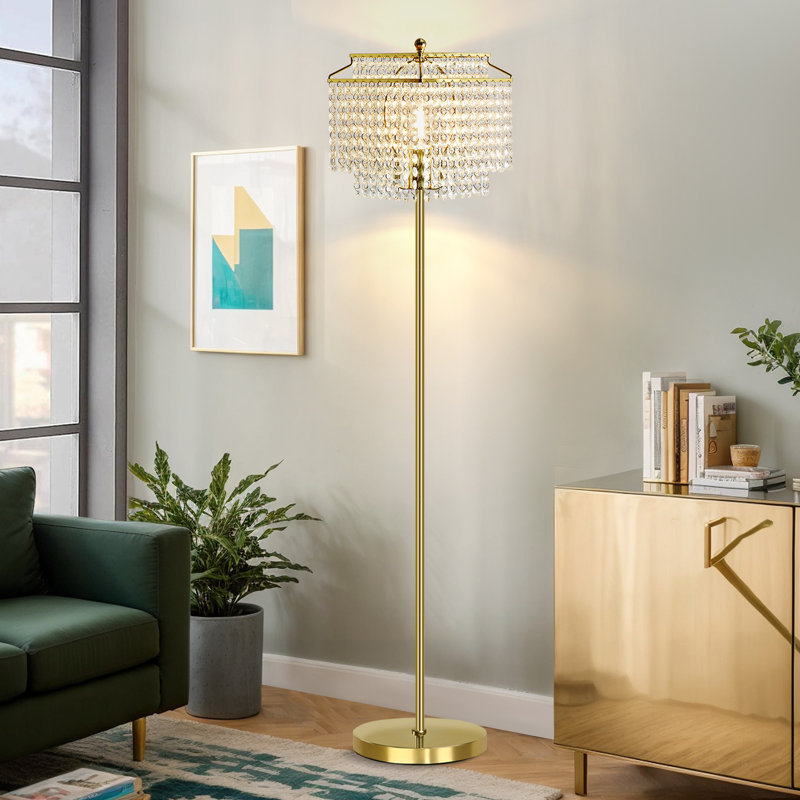 Heidebert Crystal Floor Lamp, Elegant Standing Lamp with On-Off Foot Switch, Double-Layer Lampshade, Pink, Pink
