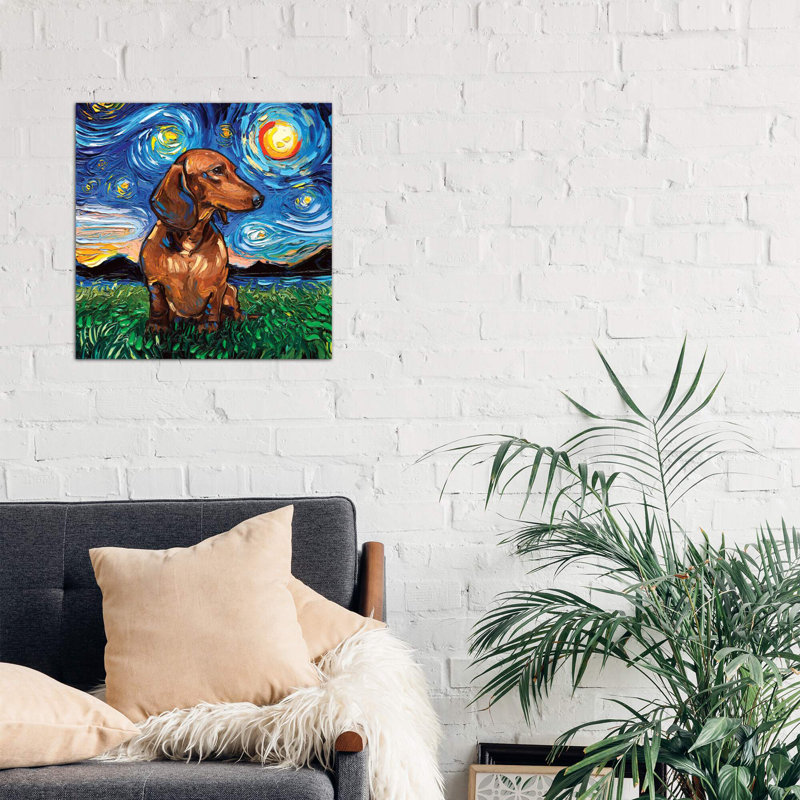 Shorthair Dachshund Night by Aja Trier - Painting, 30.48 cm H x 30.48 cm W, No Frame