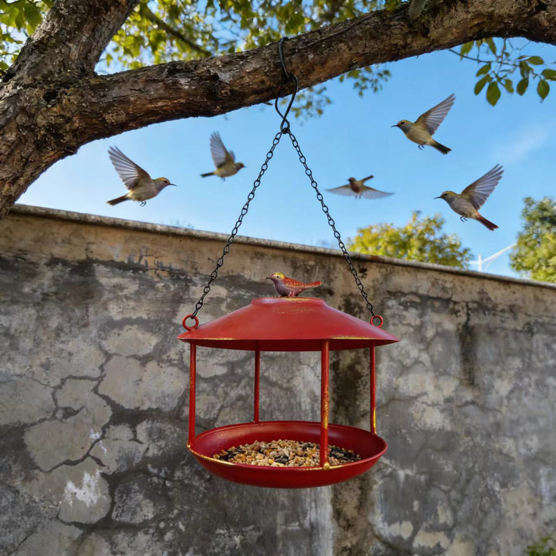 Bouche à oiseaux solaire à cascade suspendue à énergie solaire pour terrasse de jardin, rouge