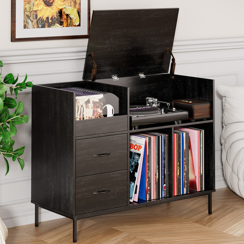 Support pour tourne-disque avec plateau rabattable - armoire de rangement en vinyle en bois avec multiprise à 2 prises, tiroirs et casiers anti-poussière, console média