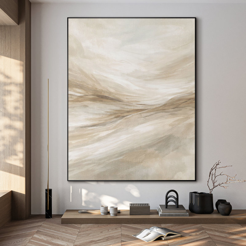 Extra Large Wall Art Fabric Print - Light Neutral Abstract Flowing Horizon Minimal Modern Design for Living Room or Bedroom - "Frame Assembly Required (Unfinished Frame)"