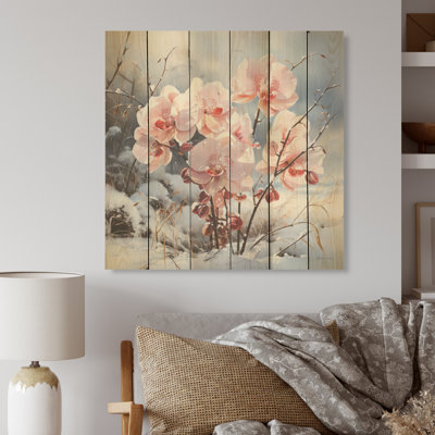 Pink Orchids Charm In Winter - Orchids Wood Art On Natural Pine Wood