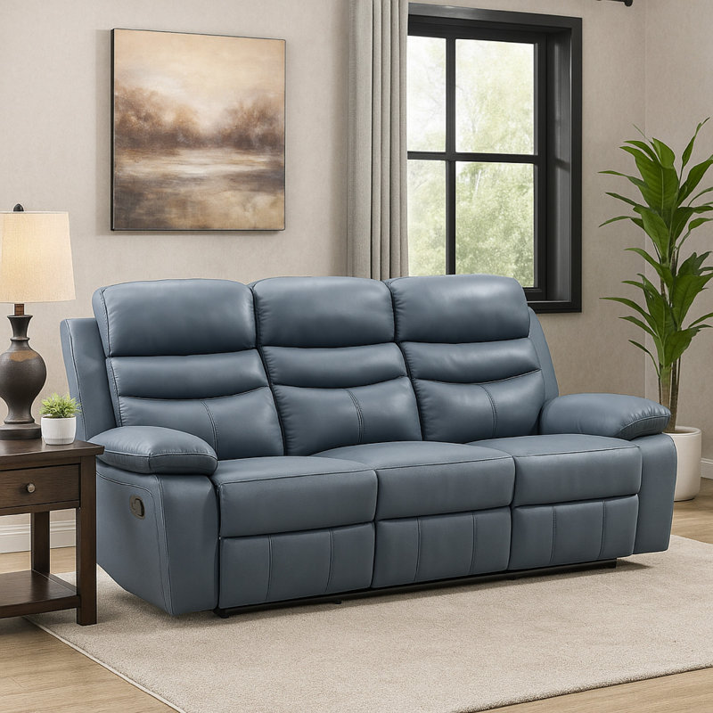 Canapé inclinable double en cuir fleur Hanna, 87 po Hanna, Manuel - Bouton-poussoir, Bleu