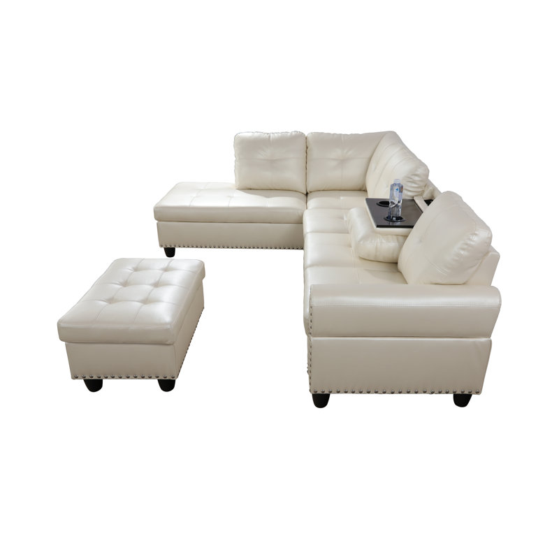 Scherer Faux Leather L-Shaped Sectional Left Hand Facing, White Faux Leather