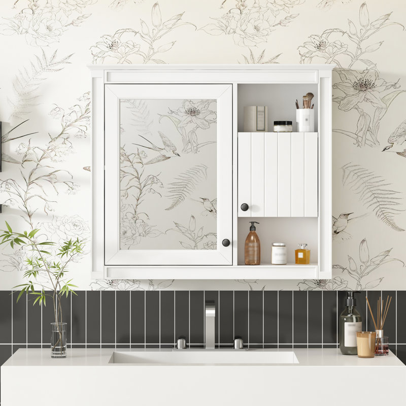 32" Bathroom Mirror Wall Cabinet - Mounted With 3 Shelves White Toilet And Storage
