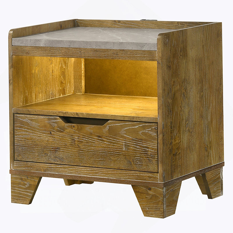 Table de chevet transitionnelle à finition brune avec lumière DEL, ports USB et tablette de tiroir pour les chambres modernes