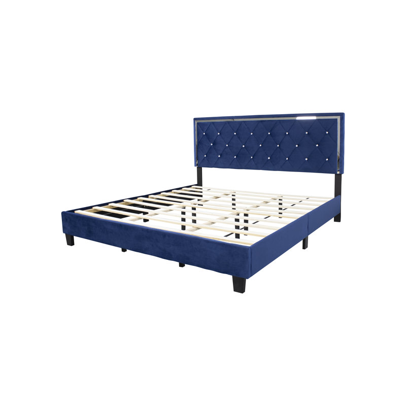 Lit plateforme tapissier en bois Fusco, Très grand, Bleu