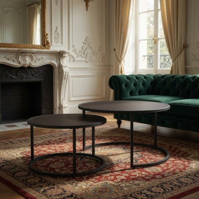 Ensemble de 2 tables d'appoint modernes modernes en similicuir avec base en métal noir, table d'appoint pour salon, brun foncé