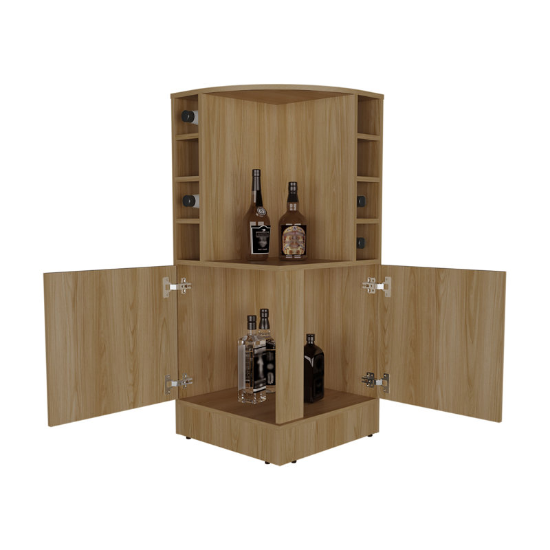 42" Tall Corner Bar Cabinet With Eight Wine Bottle Cubbies And Double Door Cabinet, Living Room, Liquor Cabinet, Storage Cabinet Wengue