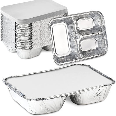 Disposable Aluminum Dinner Tray with Paper Lids 3 Compartment Foil Pan - Set of 100