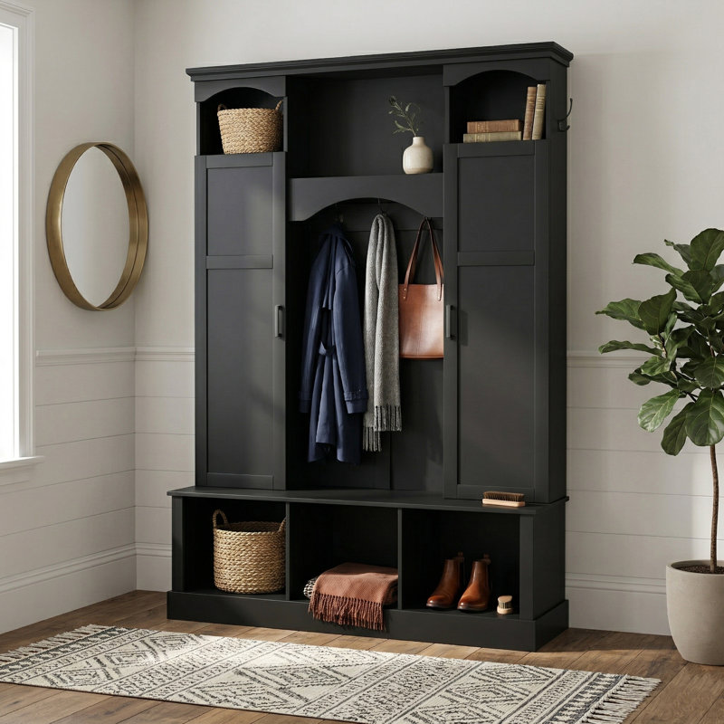 Modern All-In-One Hall Tree With Wardrobe, Farmhouse Entryway Storage Bench With 7 Hooks For Mudroom, Black