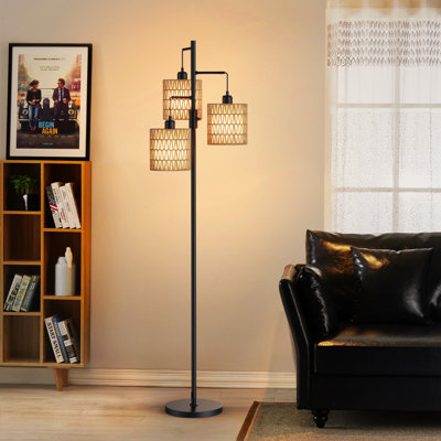 Lampe sur pied en rotin avec 3 ampoules incluses et double abat-jour Barbetta
