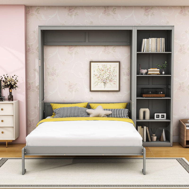 Lit escamotable en bois avec tablettes et tête de lit, Gris, Double