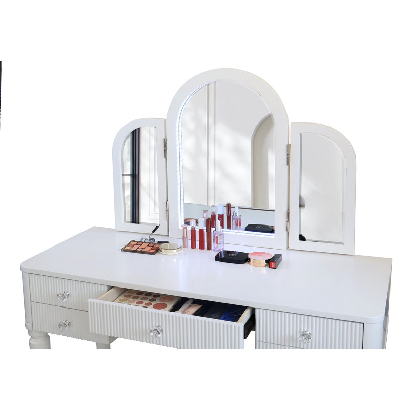 Ensemble de coiffeuse en miroir avec lumière DEL AGODY, ensemble de table de coiffeuse blanche pour chambre à coucher / salle de maquillage, ensemble de mobilier de bureau fonctionnel, maquillage de coiffeuse