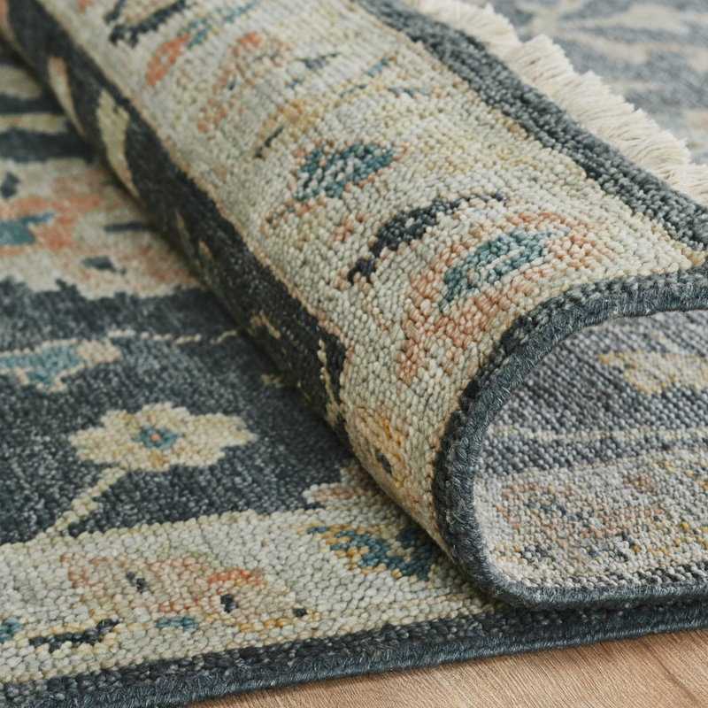 Amaris Charcoal Ivory Hand-Knotted Wool Area Rug, Rectangle 6' x 9'