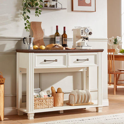 Console de style champêtre de 117 cm avec 2 tiroirs et une tablette ouverte